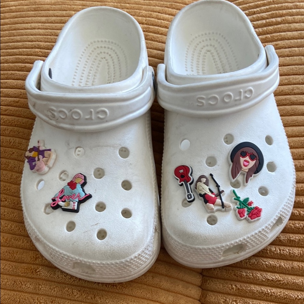 White kids Crocs with Charms GUC